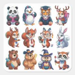 Adesivo Quadrado Um conjunto de 12 de volta à escola animal