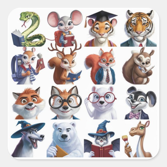 Adesivo Quadrado Um conjunto de 12 de volta à escola animal (Frente)