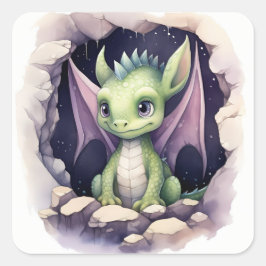 Adesivo Quadrado Um dragão de bebê verde e púrpura, de cor d'água