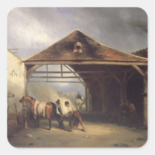 Adesivo Quadrado Um Farrier que calça um cavalo