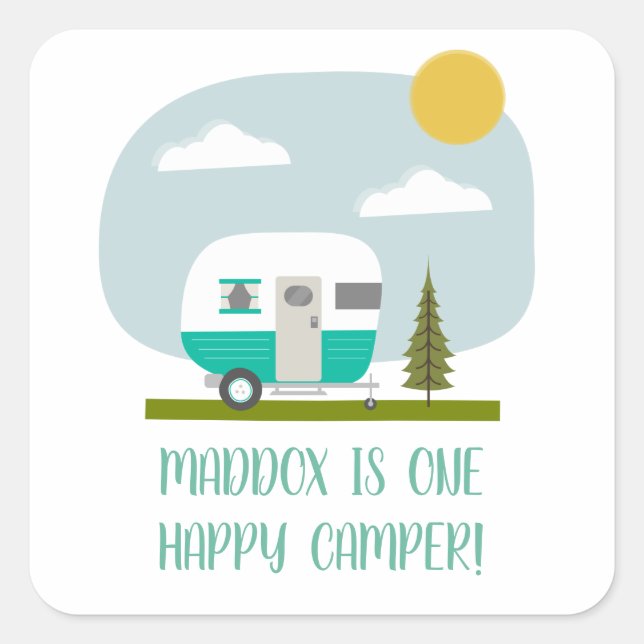 Adesivo Quadrado Um Feliz Camper Turquoise Trailer Aniversário Napk (Frente)