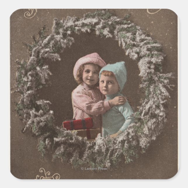 Adesivo Quadrado Um Feliz NatalCrianças Pequenas Aludiçando (Frente)