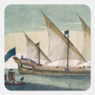 Adesivo Quadrado Um Galleass três-suprido corrente pela vela, remo