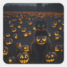 Adesivo Quadrado Um gato de Halloween com abóbora brilhante