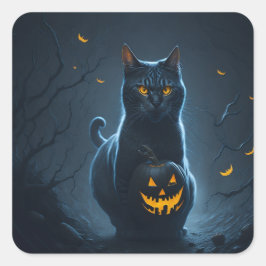 Adesivo Quadrado Um gato de Halloween com um jackolantern brilhante