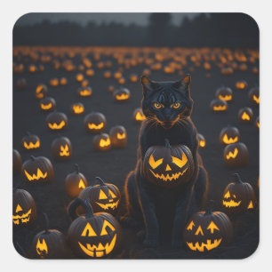 Adesivo Quadrado Um gato de Halloween com uma abóbora brilhante