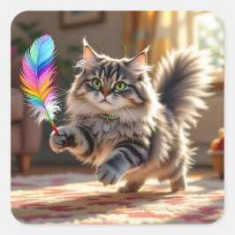 Adesivo Quadrado Um gato fofo bonito perseguindo uma pena