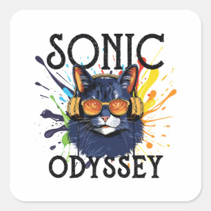 Adesivo Quadrado um gato ouvindo música em fones de ouvido