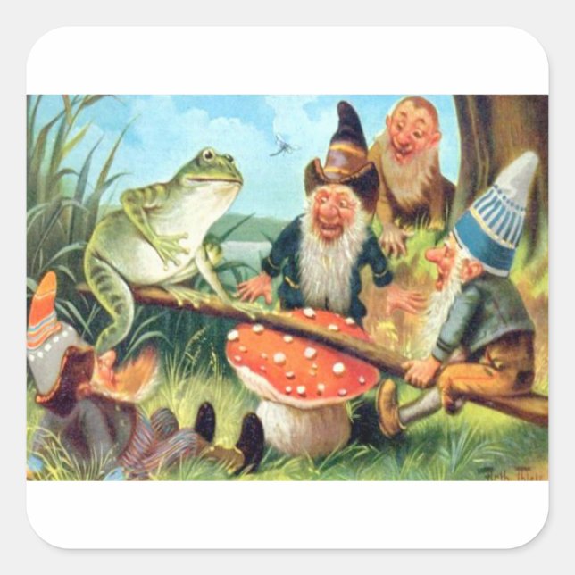 Adesivo Quadrado Um Gnomo e Sapo em uma Marra de Cogumelo (Frente)