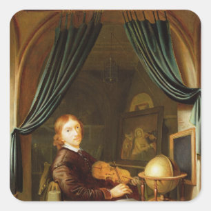 Adesivo Quadrado Um músico que joga um violino por um Casement