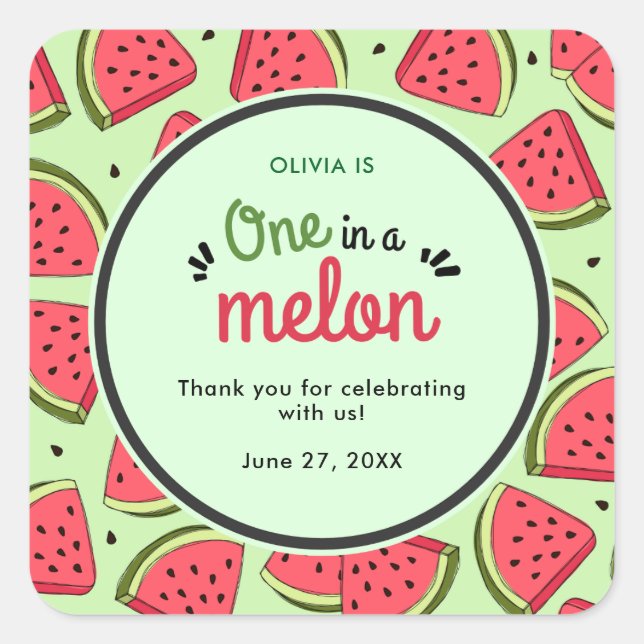 Adesivo Quadrado Um no primeiro aniversario Melon Summer Obrigado (Frente)