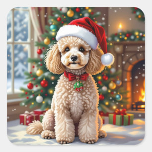 Adesivo Quadrado Um Poodle Festivo de Natal Fofo  