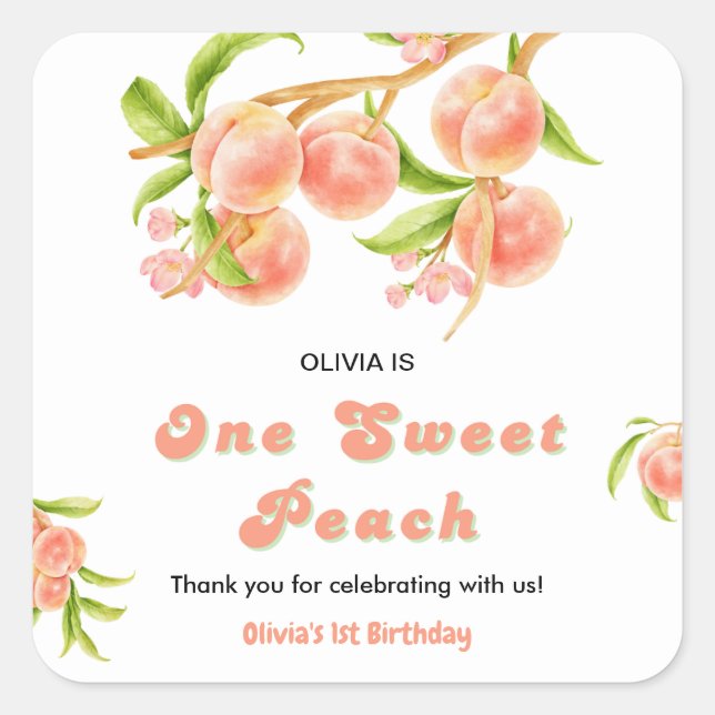 Adesivo Quadrado Um primeiro aniversario De Fruta De Pêssego Muito  (Frente)