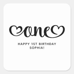 Adesivo Quadrado Um Script de Corações Fofos para 1º Aniversário