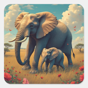 Adesivo Quadrado Uma doce mãe sentimental e elefante bebê
