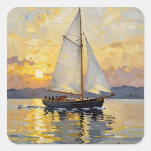 Adesivo Quadrado Uma Ilustração em Impasto de um Barco à Vela ao Pô