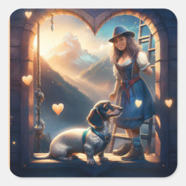 Adesivo Quadrado Uma Menina Alpina E Seu Amante Dachshund