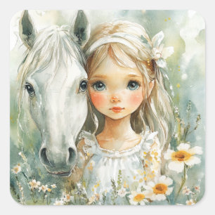 Adesivo Quadrado Uma Menina com um Cavalo