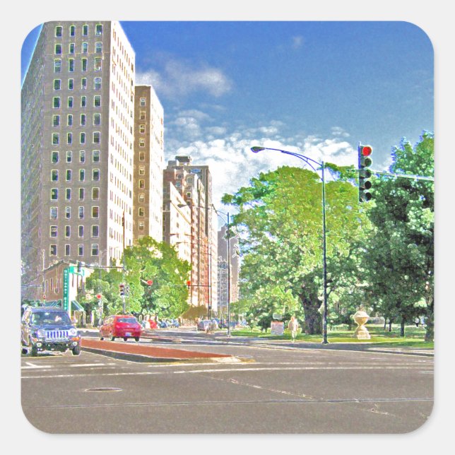 Adesivo Quadrado Uma Tarde Agitada em Chicago (Frente)