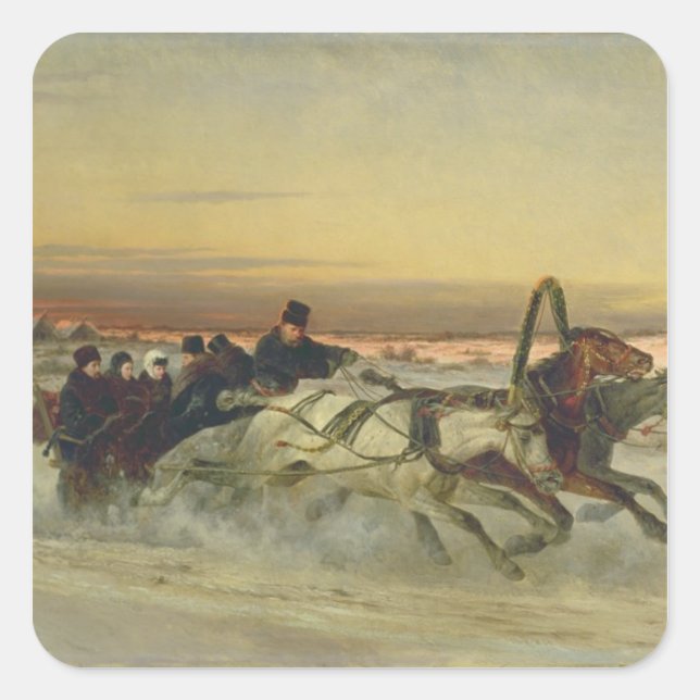 Adesivo Quadrado Uma troika de inverno galopante no amanhecer (Frente)