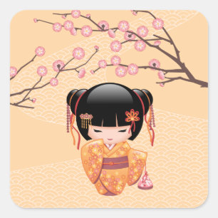 Adesivo Quadrado Ume Kokeshi Doll - Rapariga Peach Geisha Japonesa