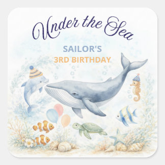 Adesivo Quadrado Under the Sea Ocean Animals Whale Birthday