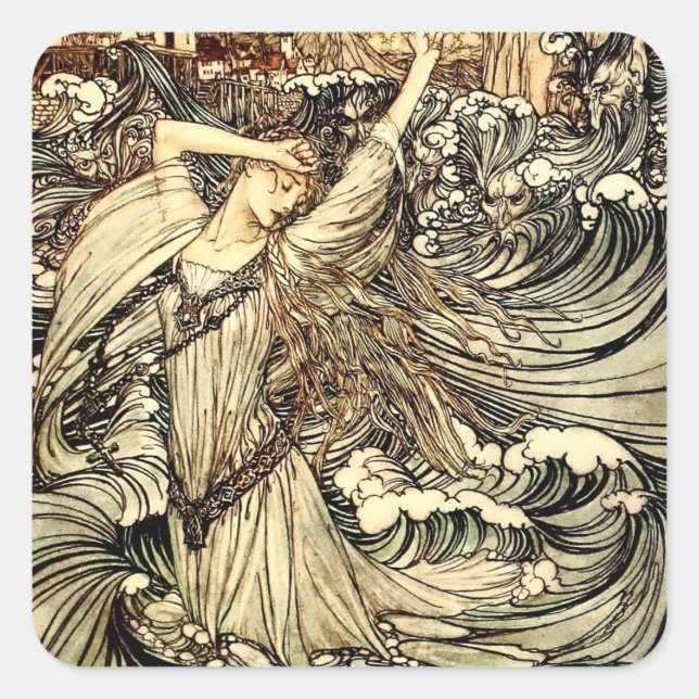 Adesivo Quadrado "Undine in the Waves" por Arthur Rackham (Frente)