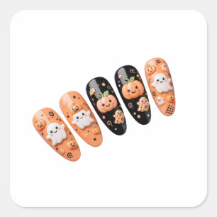 Adesivo Quadrado Unhas de Halloween Preto Laranja - Fantasma Abóbor