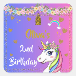 Adesivo Quadrado Unicorn Birthday Stickers | Rainbow Unicorn Party