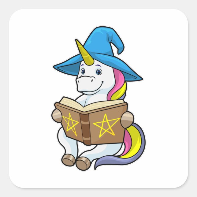 Adesivo Quadrado Unicorn como assistente com livro e chapéu (Frente)