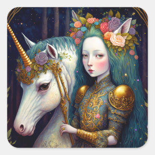 Adesivo Quadrado Unicorn e Lady Fantasy Art