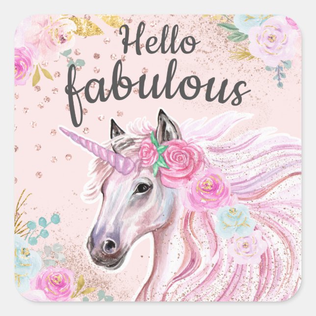 Adesivo Quadrado Unicorn Hello Fabulous Pink Floral Gold Glitter  (Frente)