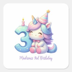 Adesivo Quadrado Unicorn Personalizado Aniversário de 3º Terceiro A