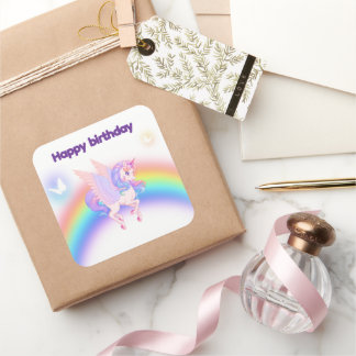 Adesivo Quadrado Unicorn Rainbow Birthday Invitation Sticker