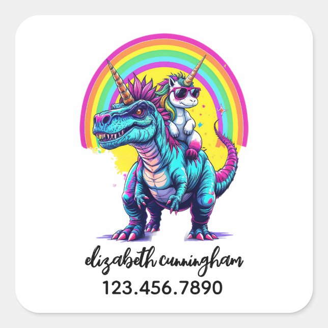 Adesivo Quadrado Unicorn Riding Dinosaur Rainbow Name school (Frente)