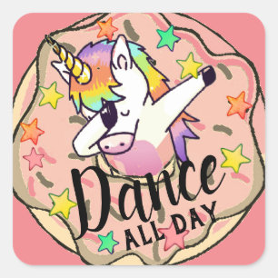 Adesivo Quadrado Unicórnio Arco-íris Pose Dança Dab Donut Rosa Pêss