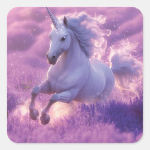 Adesivo Quadrado Unicórnio Branco Majestoso Galopando Pela Lavanda