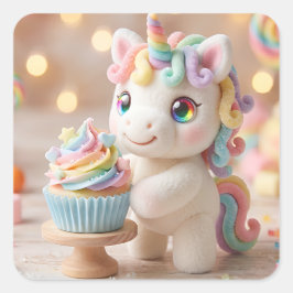 Adesivo Quadrado Unicórnio de Doce Pastel com Cupcake de Arco-íris