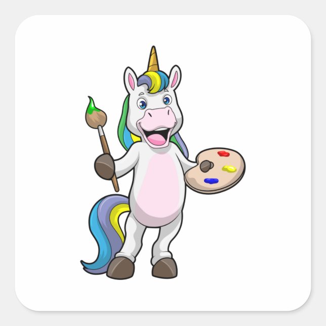 Adesivo Quadrado Unicórnio em Pintura com Pincel e Cor (Frente)