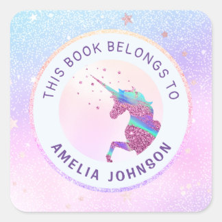 Adesivo Quadrado Unicórnio Iridescente Cor-De-Rosa Este Livro Perte