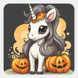 Adesivo Quadrado Unicórnio Mágico: Aventura de Abóbora do Halloween