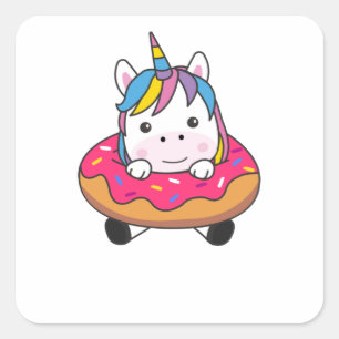 Adesivo Quadrado Unicórnio Na Rosquinha É Uma Bela Garota Animal