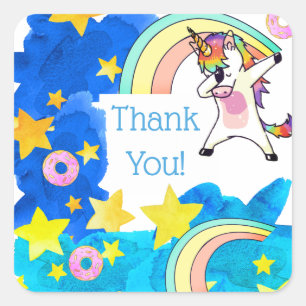Adesivo Quadrado Unicorns Rainbows Rosquinha em Blue Starry Sky Per