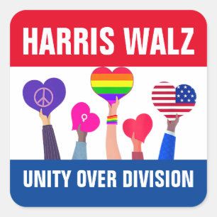 Adesivo Quadrado Unity Over Division Harris Walz Tim Walz Red Blue