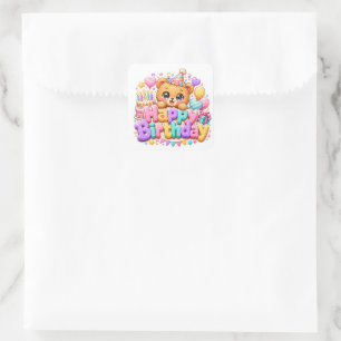 Adesivo Quadrado Ursa de pelúcia fofa Kawaii Feliz Aniversário Rosa