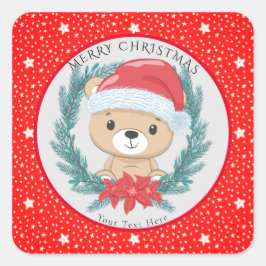 Adesivo Quadrado Ursinho Vermelho e Estrelas Brancas Feliz Natal
