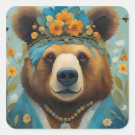 Adesivo Quadrado Urso Adorável numa Coroa com Pias de Flores