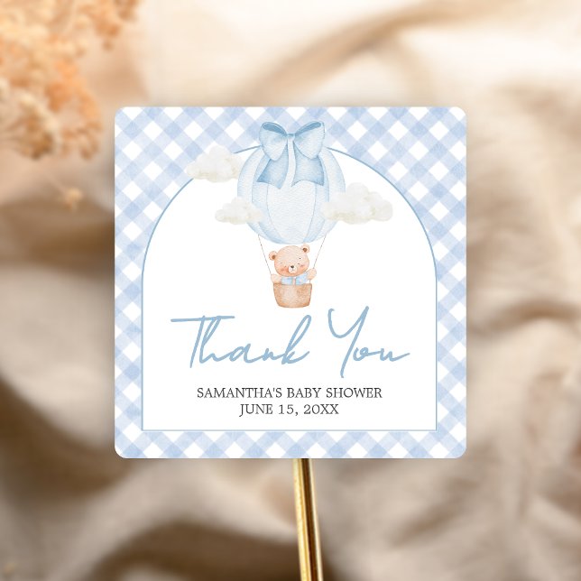 Adesivo Quadrado Urso Azul Mal Pode Esperar Chá de Bebê  (Bear Baby Shower Sticker)