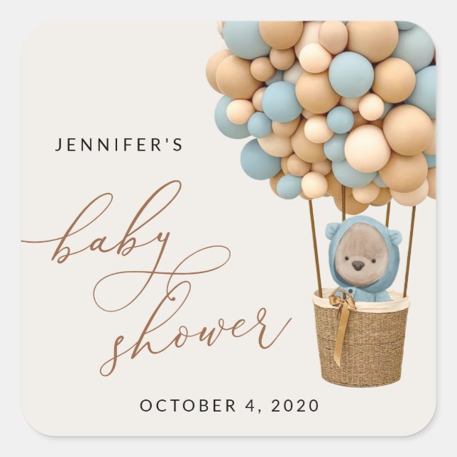 Adesivo Quadrado Urso, Balões Azuis, Balão de Ar Quente, Chá de fra (Frente)