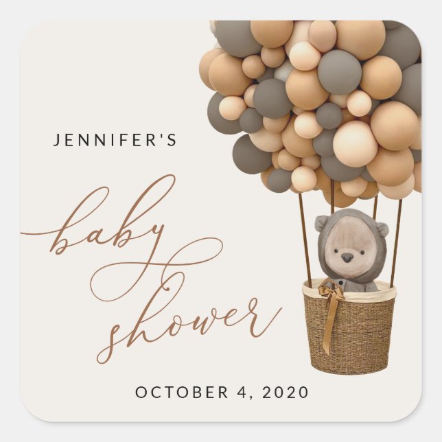 Adesivo Quadrado Urso, Balões Marrons, Balão de Ar Quente, Chá de f (Frente)